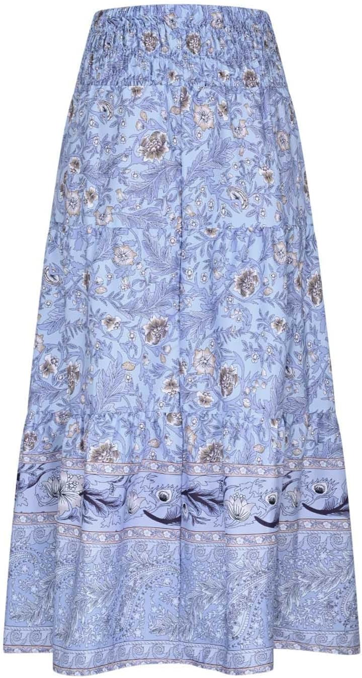 Boho Floral Pleated Long Skirts for Women Summer Casual Elastic High Waisted Skirts A-Line Flowy Swing Maxi Skirt