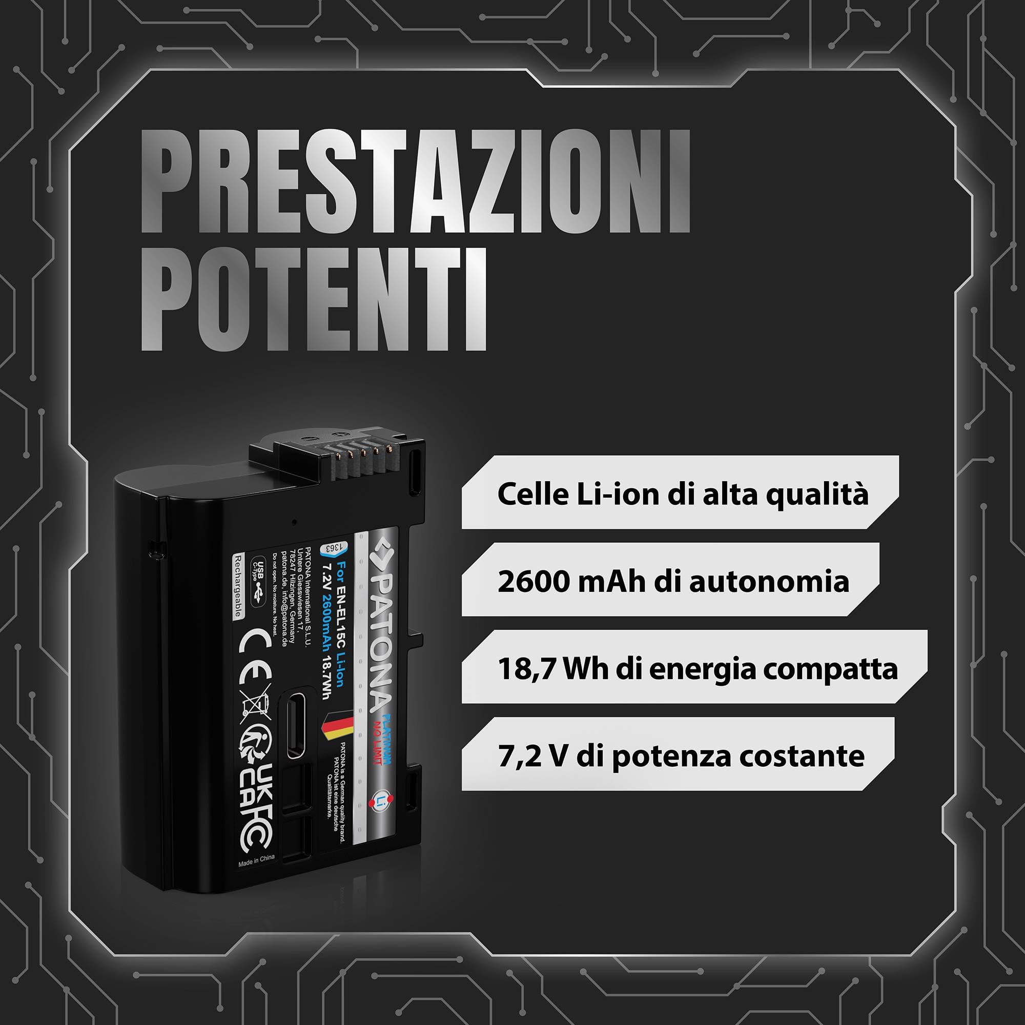 PATONA Platinum Batteria EN-EL15C 2600mAh con USB-C – ricambio per Nikon EN-EL15 EL15b EL15c – compatibile con Z5 Z6 II/III Z7 II Z8 Zf D7500 D850 D780 – ricarica diretta nella batteria