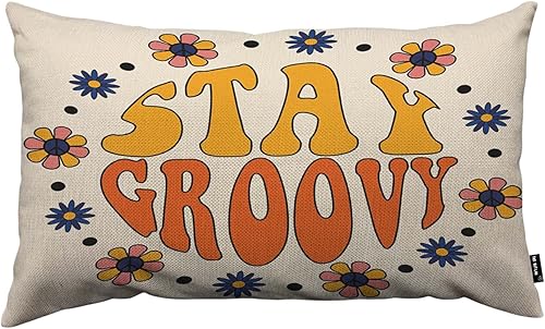 TKS MITLAN Fundas de almohada decorativas con eslogan retro Stay Groovy, estampado de flores hippie en círculo, fundas de almohada de lino rústico