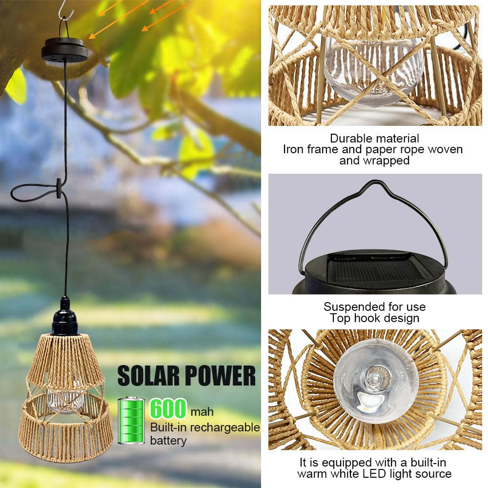 Lámparas solares para exteriores, 2 unidades, IP65, impermeables, de ratán, de jardín, balcón, césped y terraza, lámparas solares decorativas para exteriores