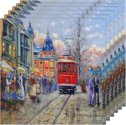 Miniatura 6 de Cloth Napkins Set of 6 Paris Streets 20x20 Inch Cloth Napkins Oil Painting Washable Reusable Kitchen Dinner Napkins Table Decor for Wedding, Holiday