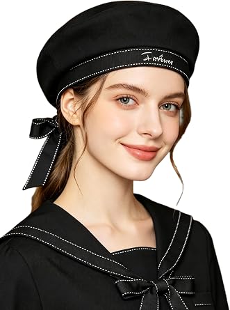 Womens Beret Hat Vintage Nautical Bowknot Cap with Rolled Brim Yacht Boat Sailor Hat Lolita Captain Uniform Costume
