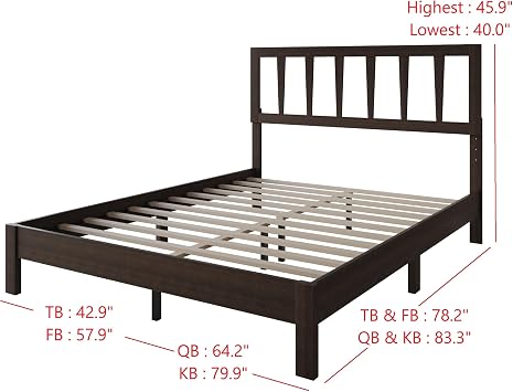 HOME DESIGN Elmira Twin Wood Platform Bed, Solid Wood Frame with Adjustable Height Headboard Leg, Easy Assembly, Cappuccino Finish
