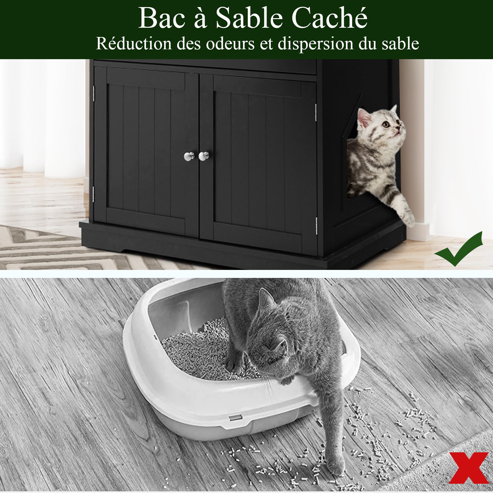 SOARS Maison de Toilette Chat avec 2 Portes et Tiroir, Armoire en Bois pour Chats avec Entrée Latérale, Abri Multifonction pour Salon, Chambre à Coucher et Entrée, 76 x 53 x 74 cm (Noir)