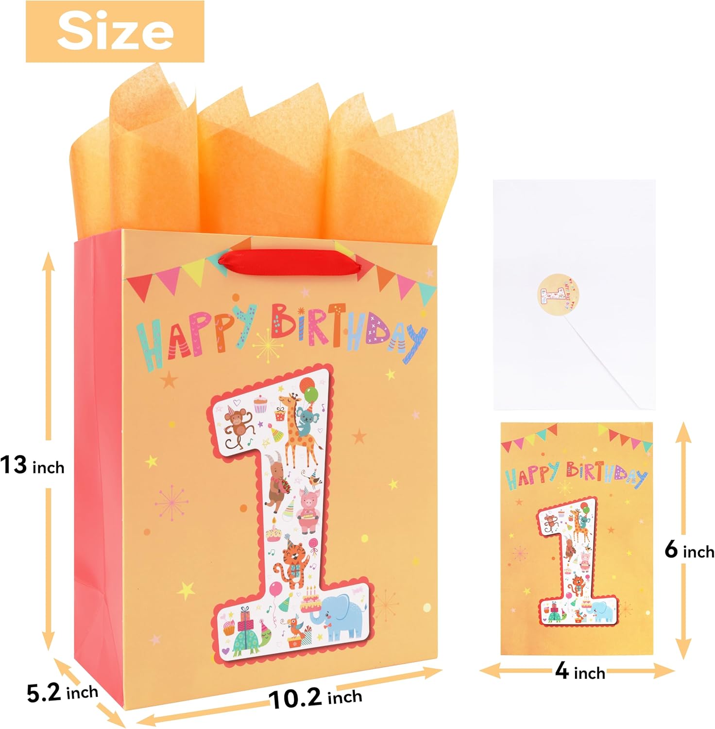 Qirrmiy 13'' Large Baby Boy Girl Gift Bag Set with Handles, Greeting Card, Tissue Papers and Stickers for Baby Boy Girl Kids for Baby Shower, 1st Birthday Party, Birthday Party, Animals Design, 1 Pcs - Image 2