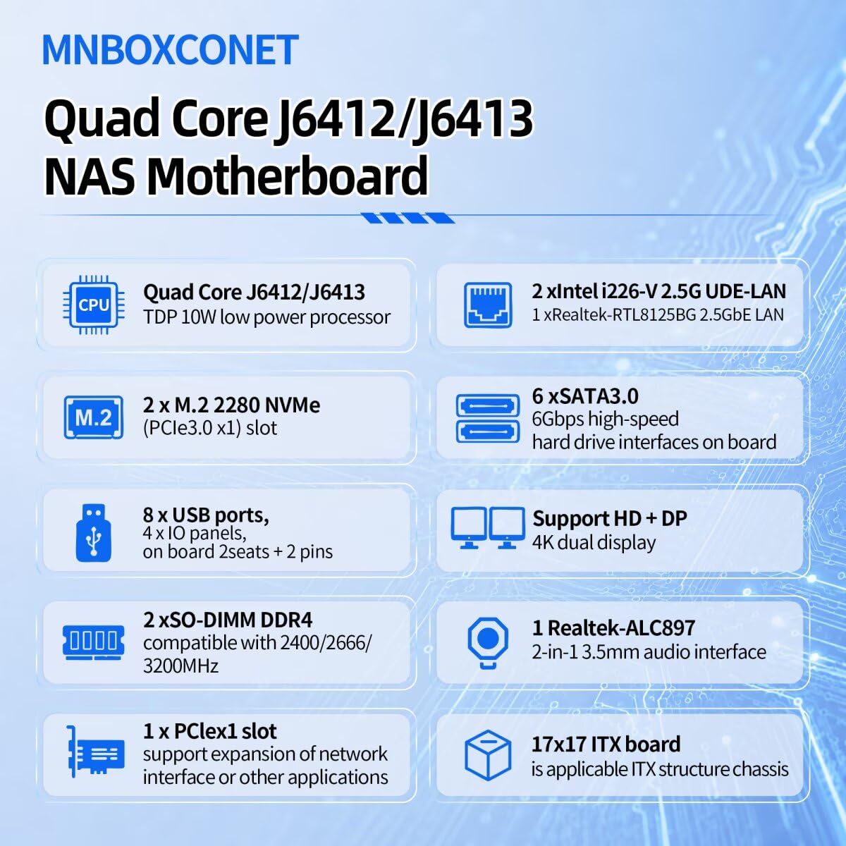 NAS Motherboard J6413 Processor Low Power, UHD Graphics, Firewall Mini-ITX NAS Board, 3 x 2.5GbE LAN, Dual M.2 2280 NVMe Slot, USB3.0, Barebone NO RAM NO SSD, Console