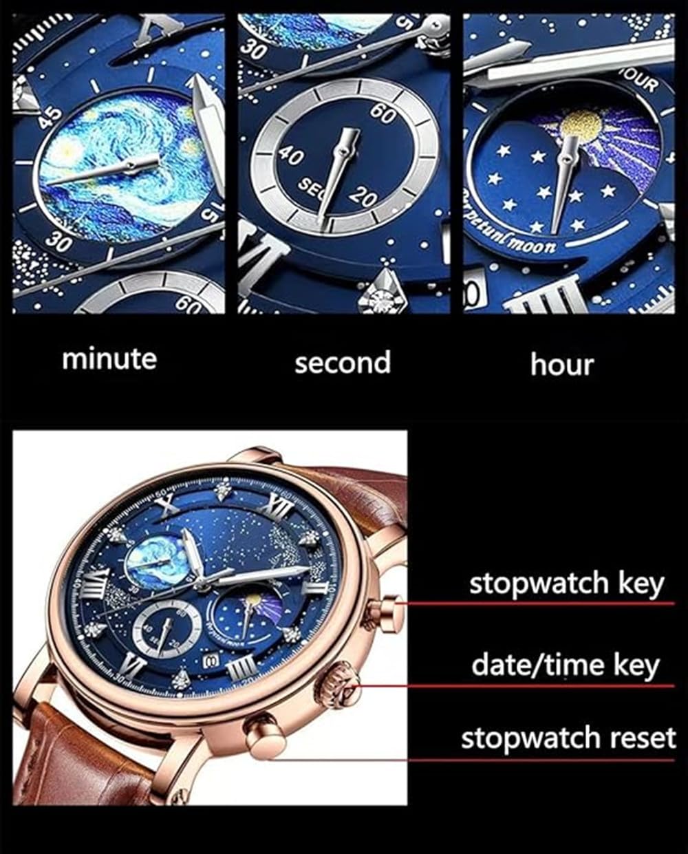 MINILUJIA 30M Impermeabile Uomini Luminoso Orologi Unico Creativo La Fase della Luna/Alendar Funzione Universo Stellato Terra Eye-catching Personalizzato Cool Donne Watch Blu, Blu