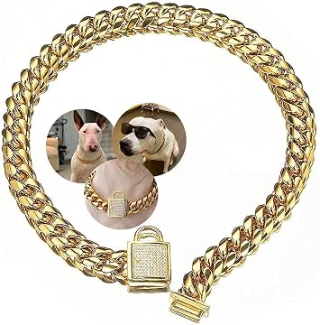 Gold Dog Chain Collar Stainless Steel with Zirconia Lock Luxury Dog Necklace 14MM Heavy Duty Cuban Chain Collar for Small Medium Large Dogs 14mm Gold,16inch
