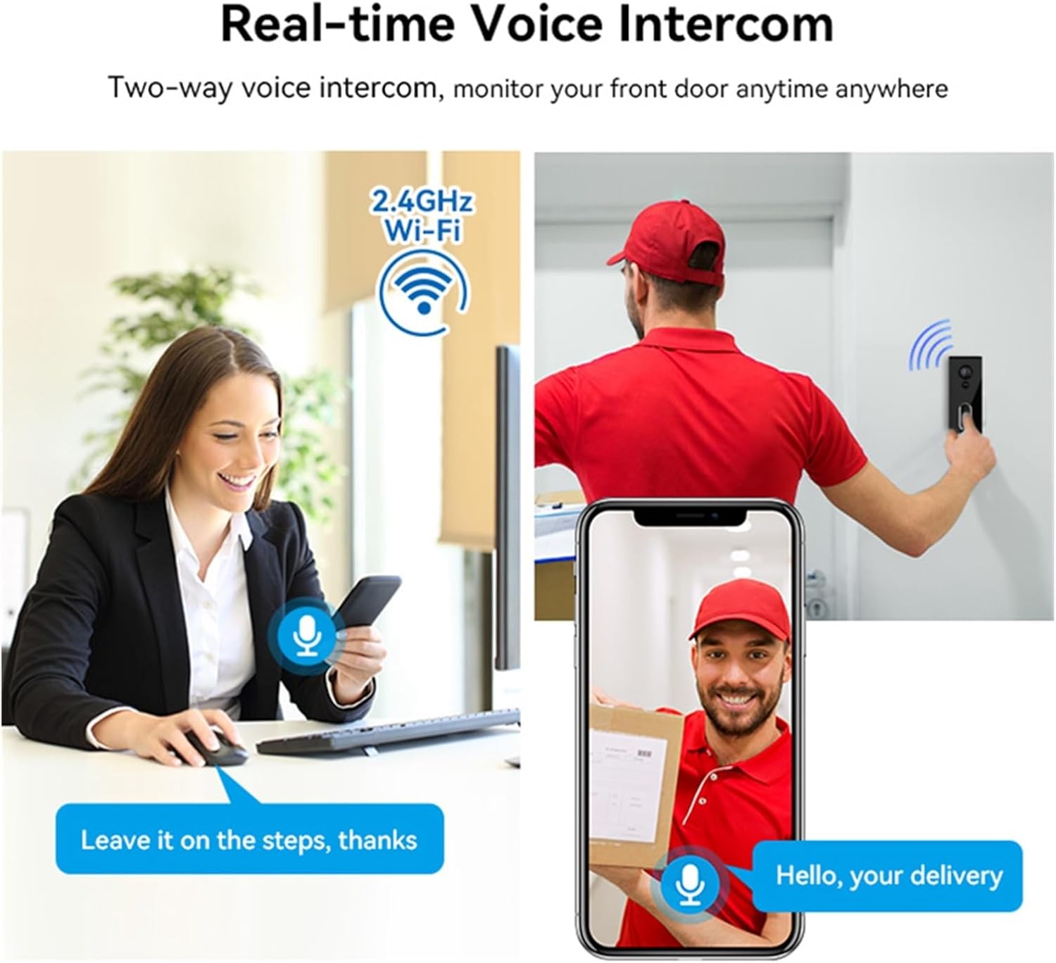 A woman using a smartphone to communicate with a delivery person at her door via the doorbell camera's two-way audio feature.