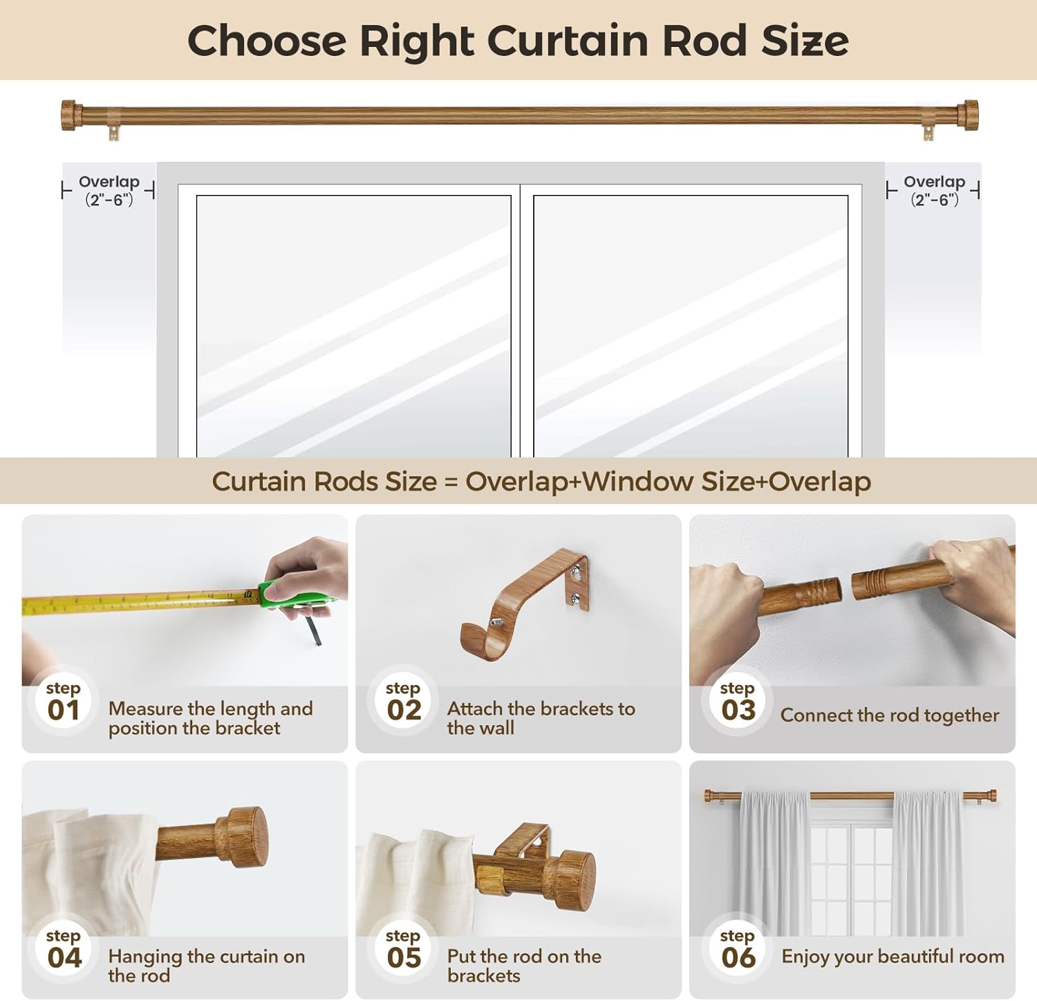 Boho Wood Curtain Rods for Windows 72 to 144 Inch, 1" Adjustable Heavy Duty Curtain Rod with Imitation Wooden Grain Finials, Rustic Farmhouse Modern Style Decorative Drapery Rods, Size 32"-150"