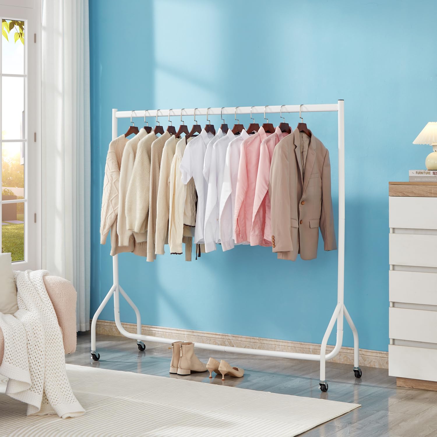 Extra Heavy Duty Clothes Rail 150kg Capacity 5ft L x 5ft H Metal Garment Rack, Lockable Wheels Portable, No Tool Assembly, Powder Coated Black, Strong & Durable for Home or Shop (White)