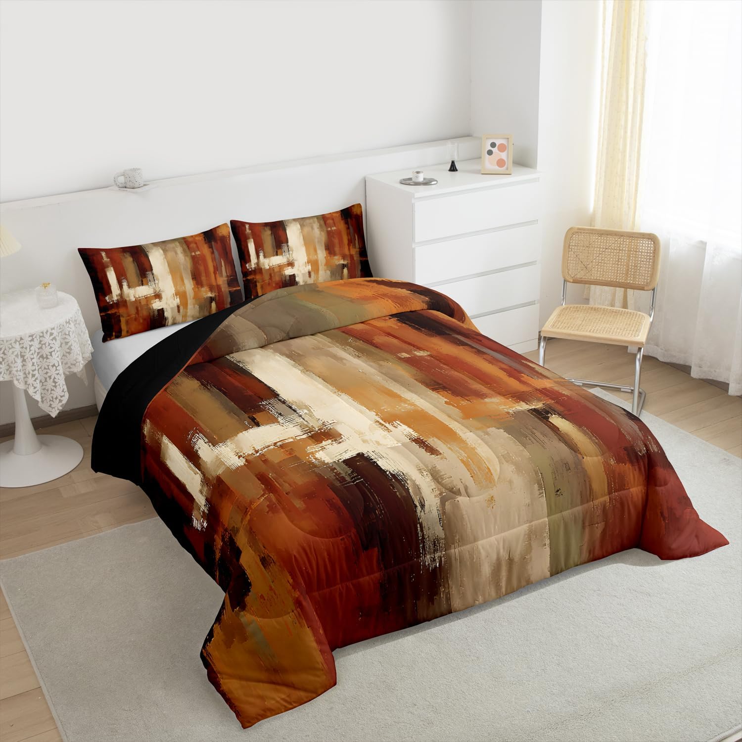 Feelyou Burnt Orange Comforter Set King Size Abstract Rust Art Bedding Set for Kids Boys Girls Geometric Modern Chic Duvet Quilt Farmhouse Bedroom Decor Microfiber 3 Pcs with 2 Pillow Cases