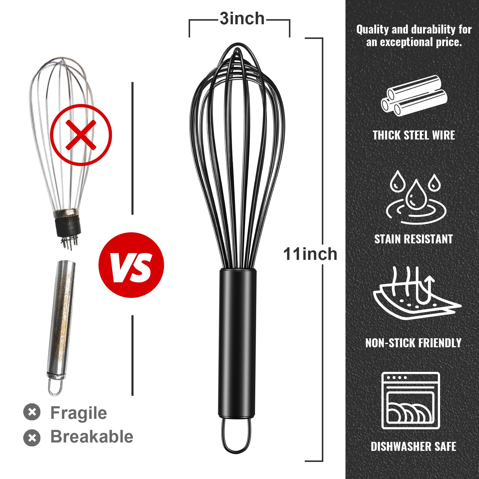 Maxjoy Silicone Whisk Stainless Steel Wire Kitchen Cooking Tool Heat Resistant Non Scratch Balloon Egg Beater for Stirring Frothing Whisking 11-Inch Black