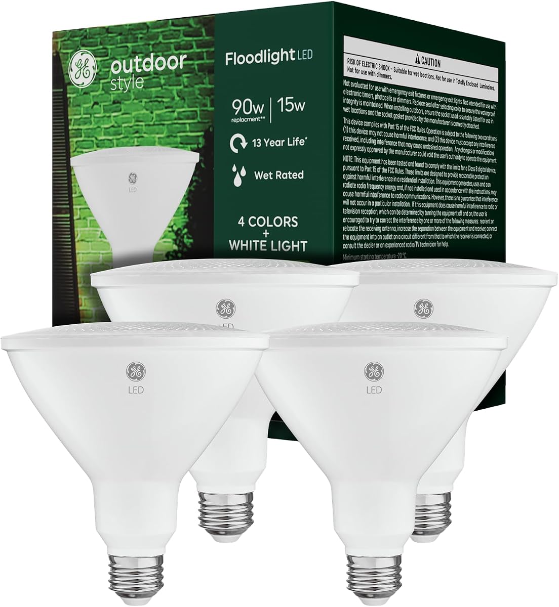 GE PAR38 LED Light Bulb, Outdoor Floodlight, 5 Color Options, Multi-Color | Security Spotlight, Wet Rated for Any Weather Condition, Everyday and Holiday Home Decor, Medium Base, 4 Pack