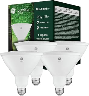 GE PAR38 LED Light Bulb, Outdoor Floodlight, 5 Color Options, Security Spotlight, Wet Rated for Any Weather Condition, Everyday and Holiday Home Decor, Medium Base (4 Pack)
