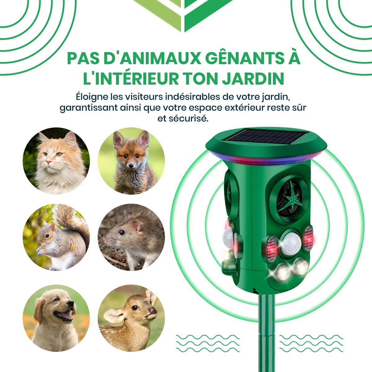 Fleau Garden Cat Repeller Pro - Répulsif Animaux - Ultrasons - Énergie Solaire - martres - Répulsif Pigeons - nuisibles - Étanche (Vert - Protection 360°)