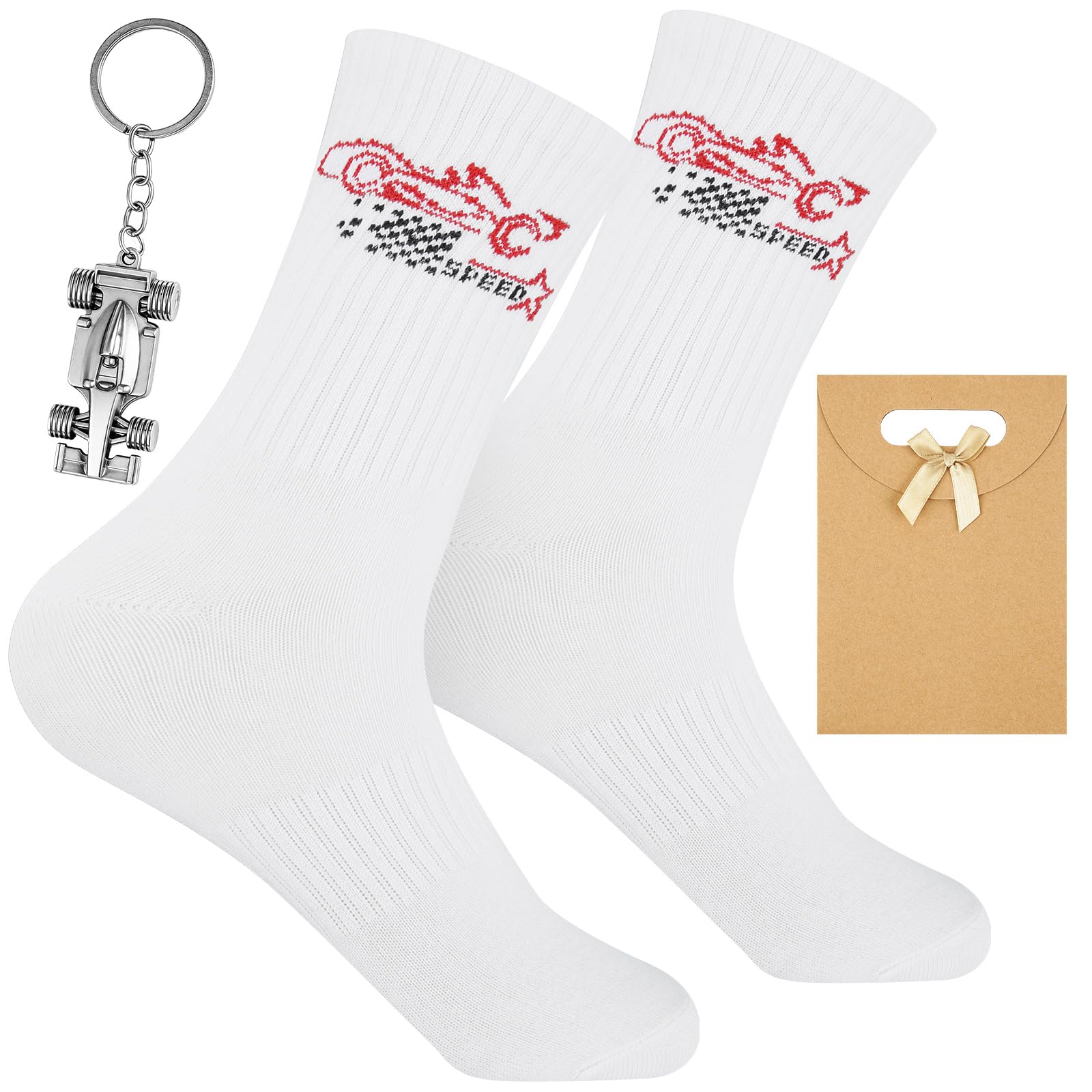 Leikedun Regalo di compleanno per gli appassionati di auto da corsa F1, calzini con ricamo f1 auto da corsa con portachiavi, regalo per la formula 1 amante