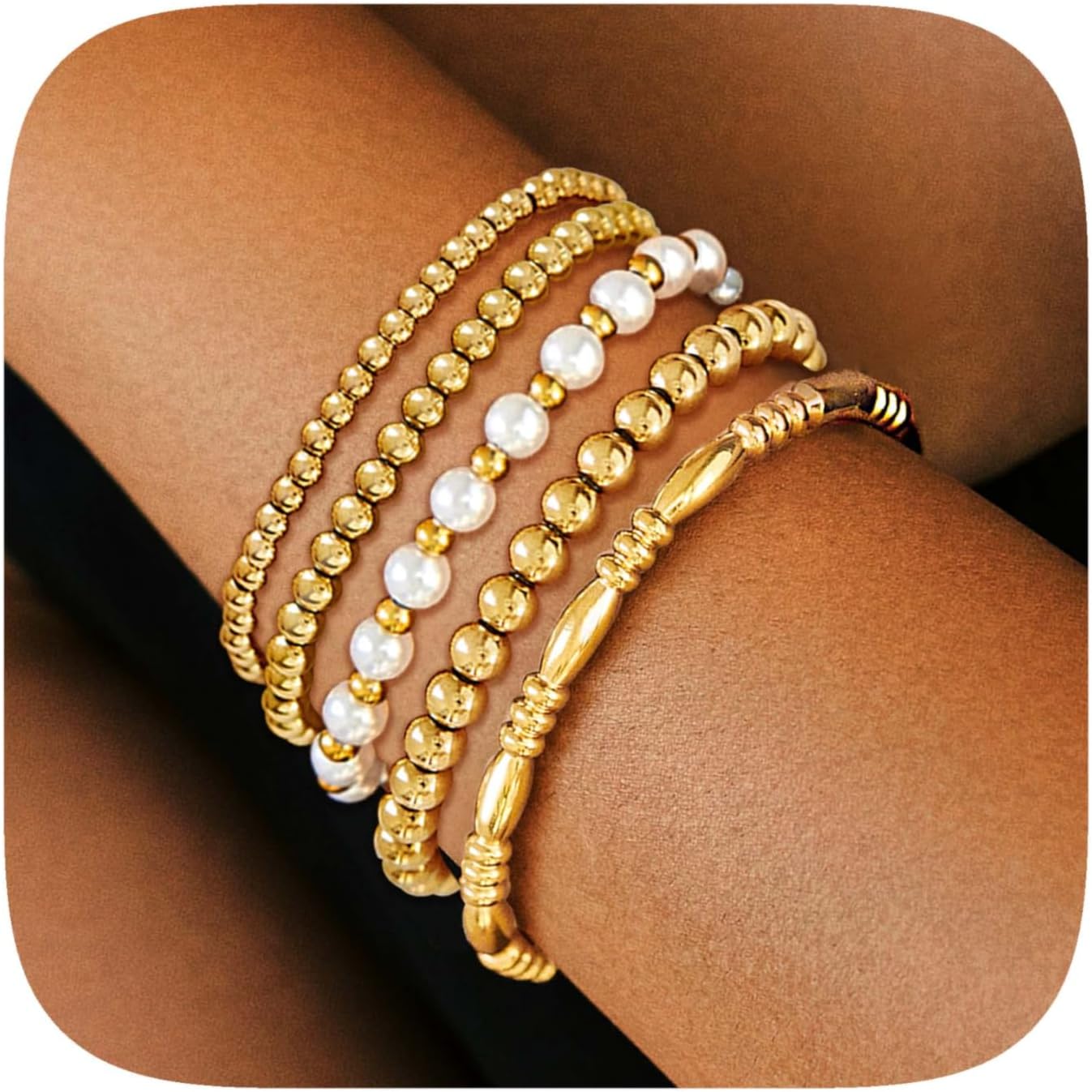 Gold Bangle Bracelets for Women, 14K Gold Plated Beaded Bracelets Stretch Bead Ball Chain Layered Bracelet Stack Set, Love Cubic Zirconia Bangle Women Jewelry