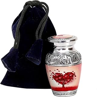 HLC Beautiful Small Lovely Beautiful Red Heart Cream Keepsake Urn Qnty 1 - Keepsake Urn for Human Ashes with 1 Velvet Box Bag - Peaceful Engraved Mini Memorial Affordable Keepsake Urn (3.5 cu.in)