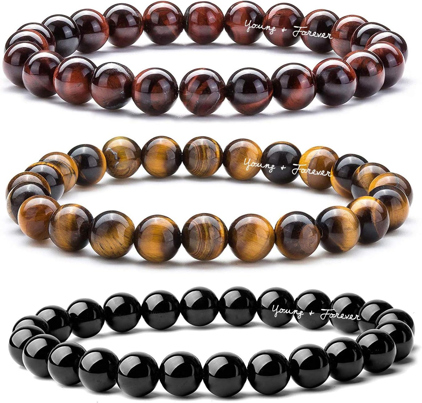 Natural Stone Beaded Bracelets Set, Tiger's Eye, Red Tiger Eye and Onyx, 3-Piece Collection for Men Women Girls Boys