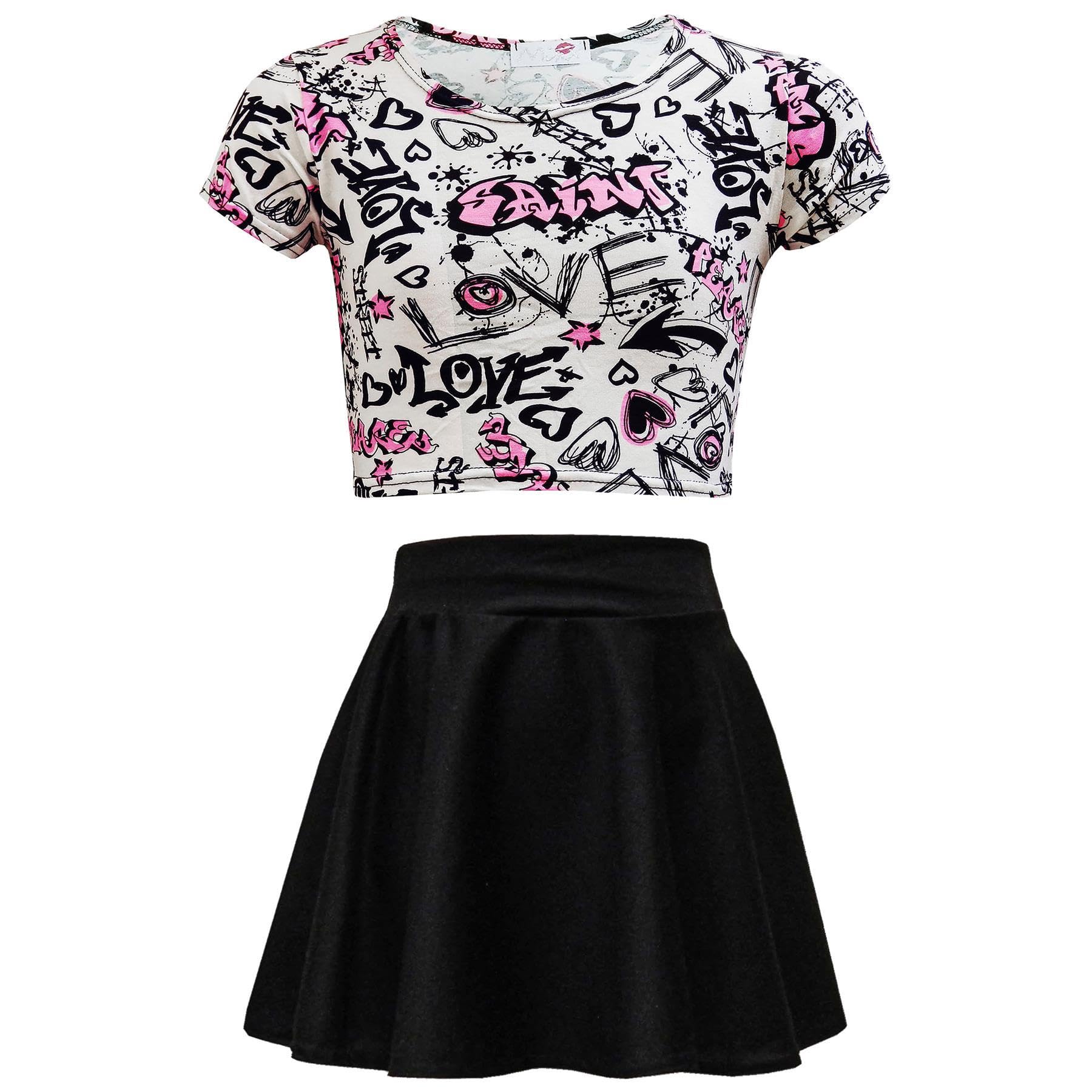 A2Z 4 Kids Girls Love Graffiti Scribble Print Crop Top & Black Skater Skirt Set Age 7-13 Years