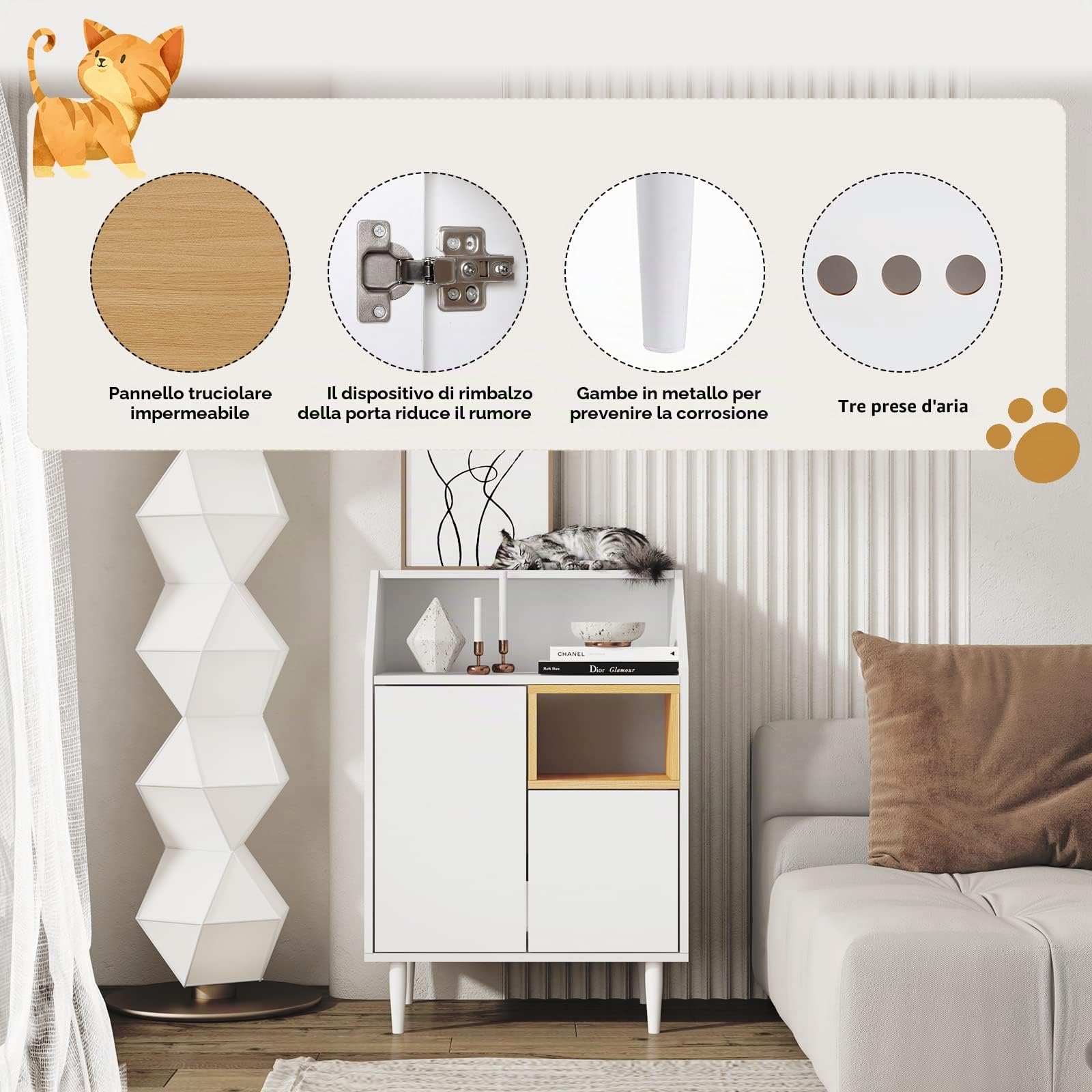 Sogesfurniture Armadietto per Gatti Con 2 Ante - Cuccia per Soggiorno, Camera da Letto, 62,5 x 40 x 92 cm