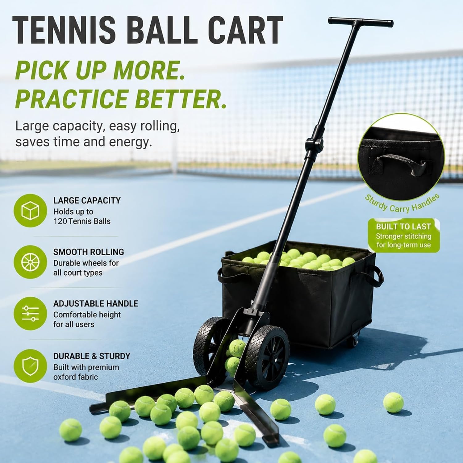 Raccoglitore di Palline da Tennis, Raccoglitore Portatile di Palline da Pickleball, capacità 120 Palline, Ruota Girevole A 360°, Carrello Pieghevole per Una Facile Raccolta, per Allenamento E