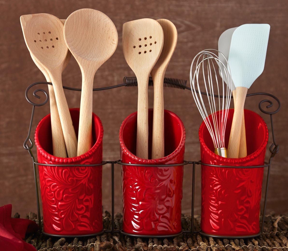Kitchen Flatware Caddy - 3 Ceramic Utensil Holders (4" Dia x 7" H each) & 1 Wire Caddy - Red