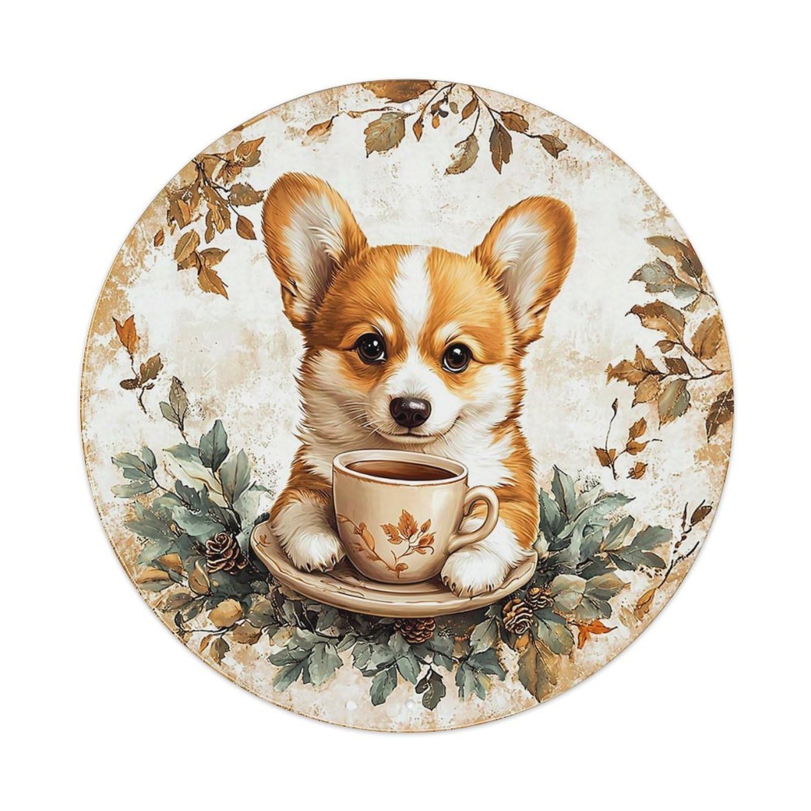 Corgi Puppy Tea Cup Leaves Retro Metal Sign Round Tin Sign, Vintage Decor Art Poster for Bar, Home, Man Cave, Kitchen, Laundry Room Gift 8x8Inch