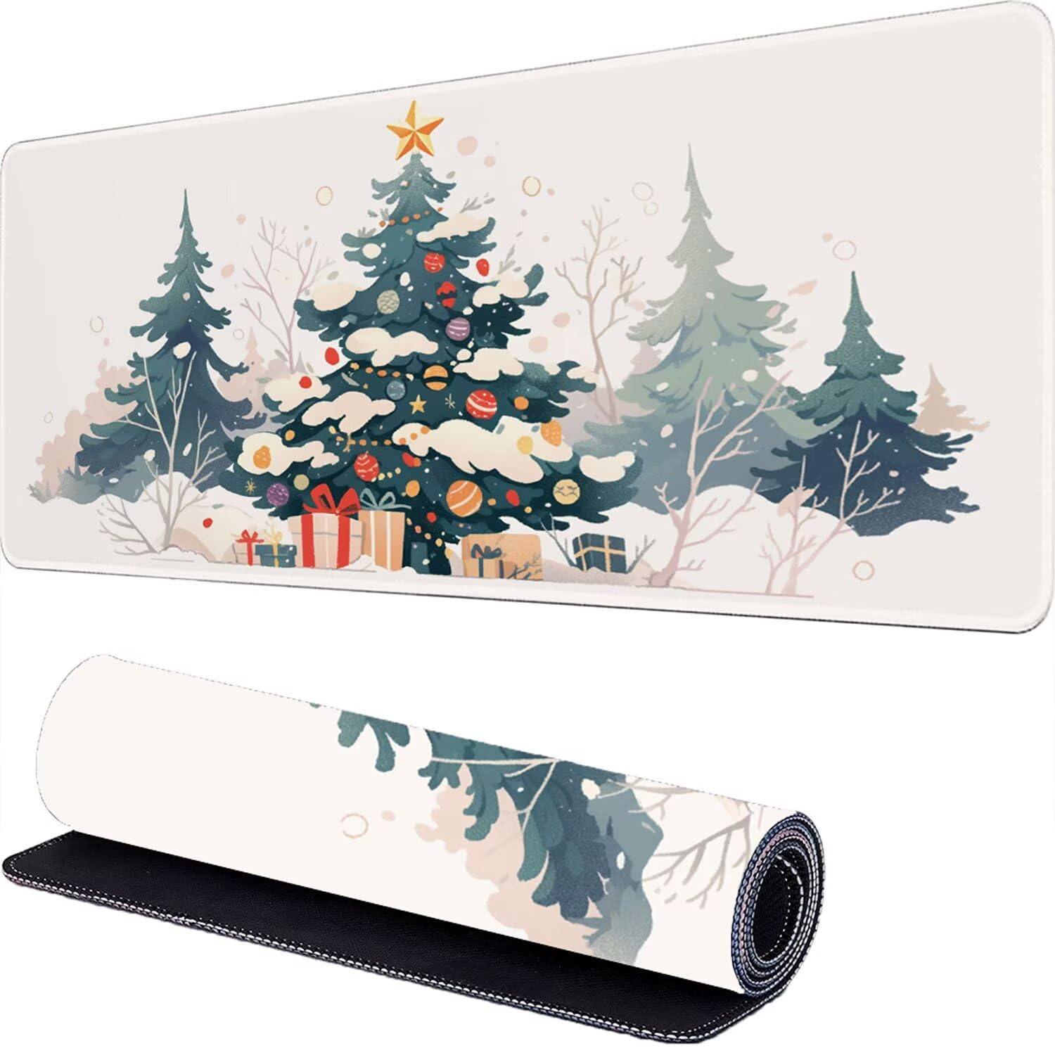 Choinka Podkładka pod mysz XXL 1000 x 500 x 3 mm Śnieg Duża podkładka pod mysz, szyte krawędzie, antypoślizgowa mata biurkowa, do PC, MacBooka, przenośna, poprawia dokładność i szybkość r-547