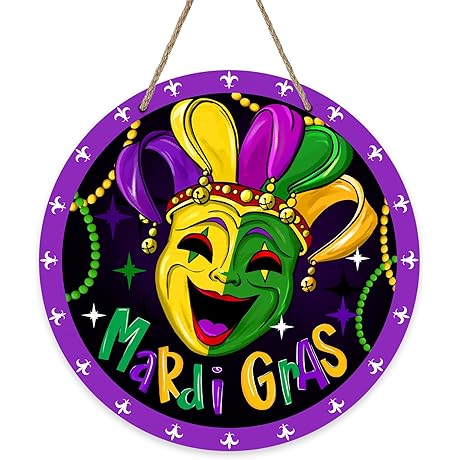 Mardi Gras Jester Mask Front Door Sign: Carnival Spirit in Every Bead...