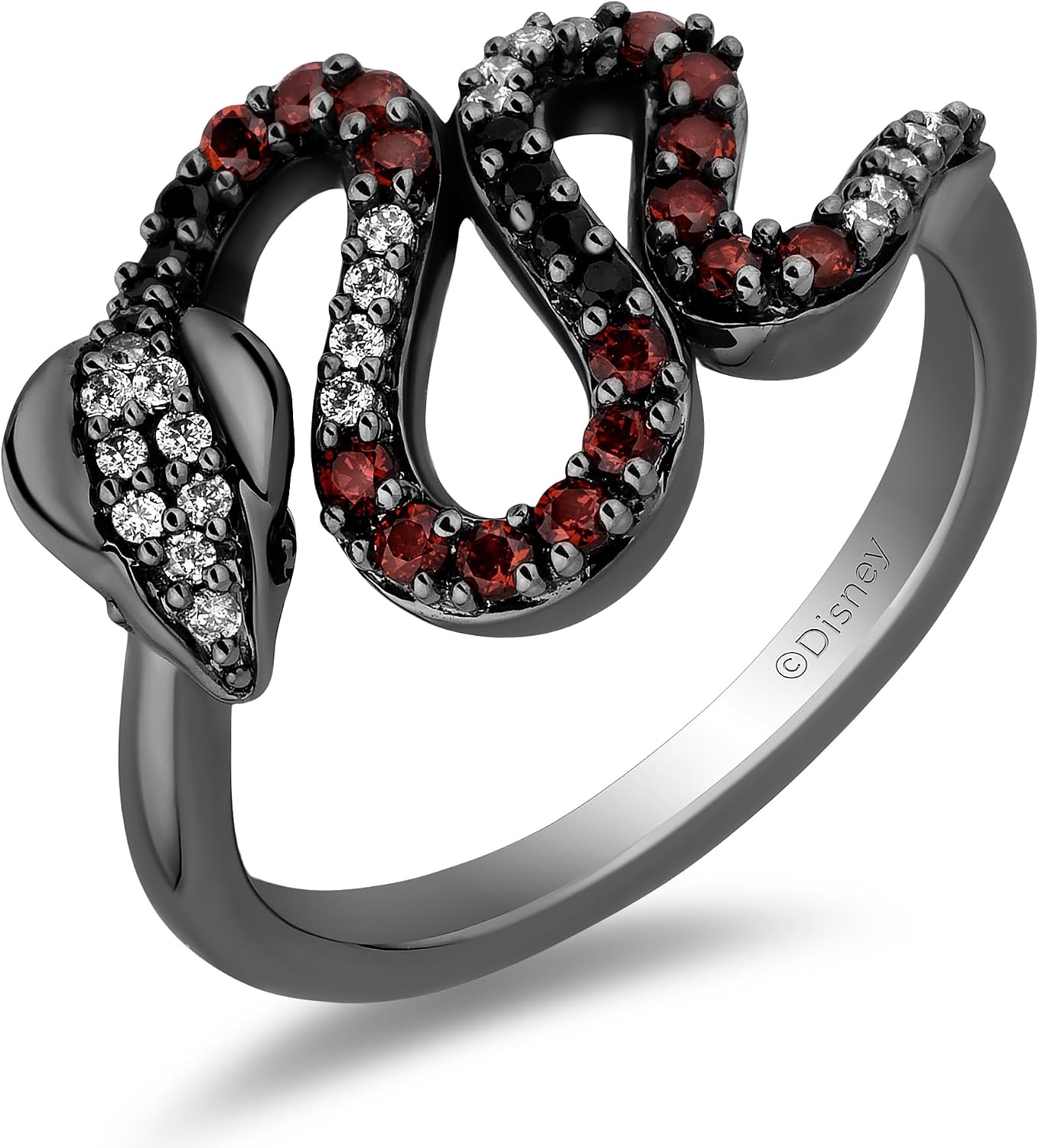 Jewelili Enchanted Disney Fine Jewelry Black Rhodium over Sterling Silver with 1/6 CTTW Diamond and Garnet Jafars Cobra Ring