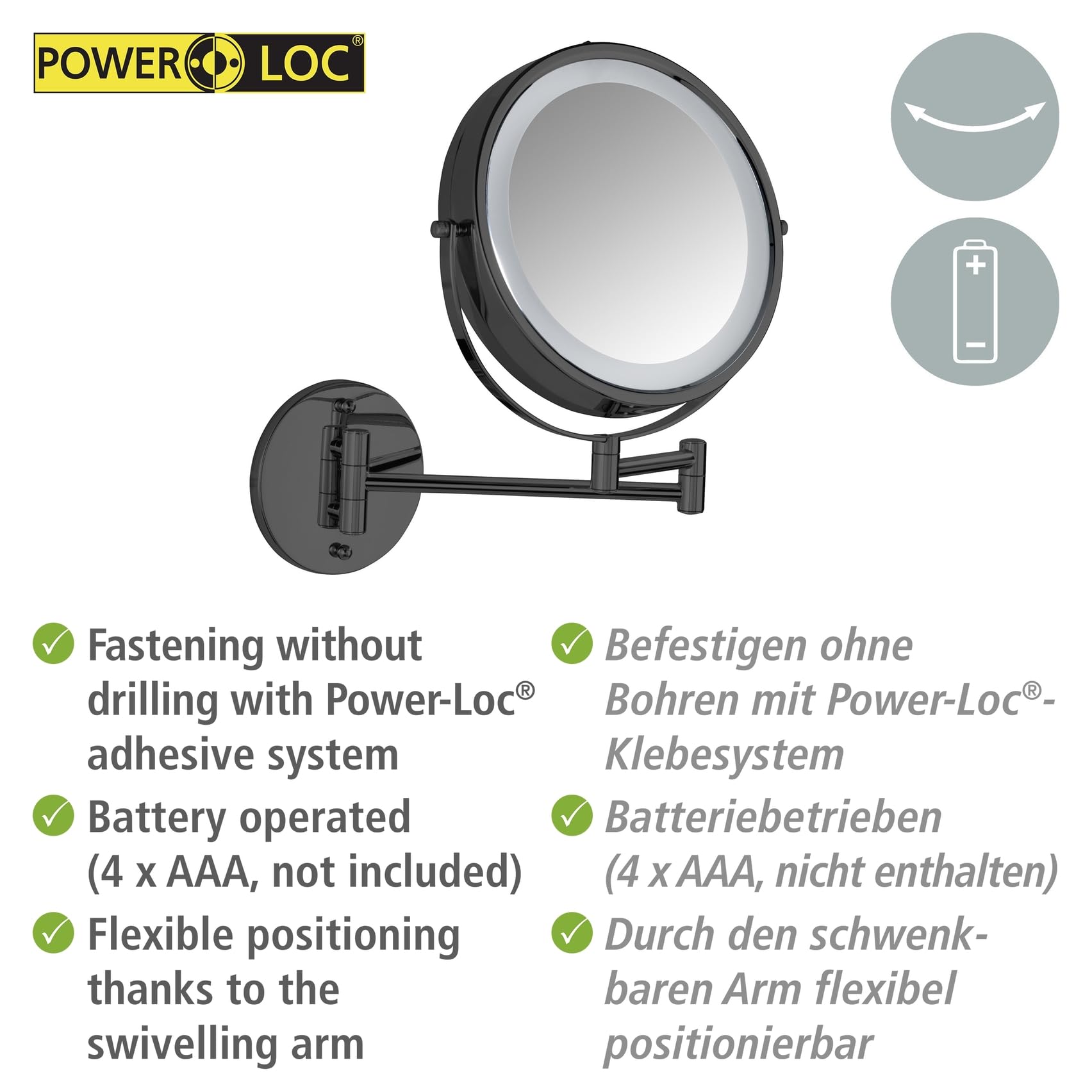 WENKO Power-Loc® LED Wandspiegel Mod. Lumi, Kosmetikspiegel mit Beleuchtung, 5-Fach Vergrößerung, ohne Bohren, Spiegelfläche Ø 17,5 cm