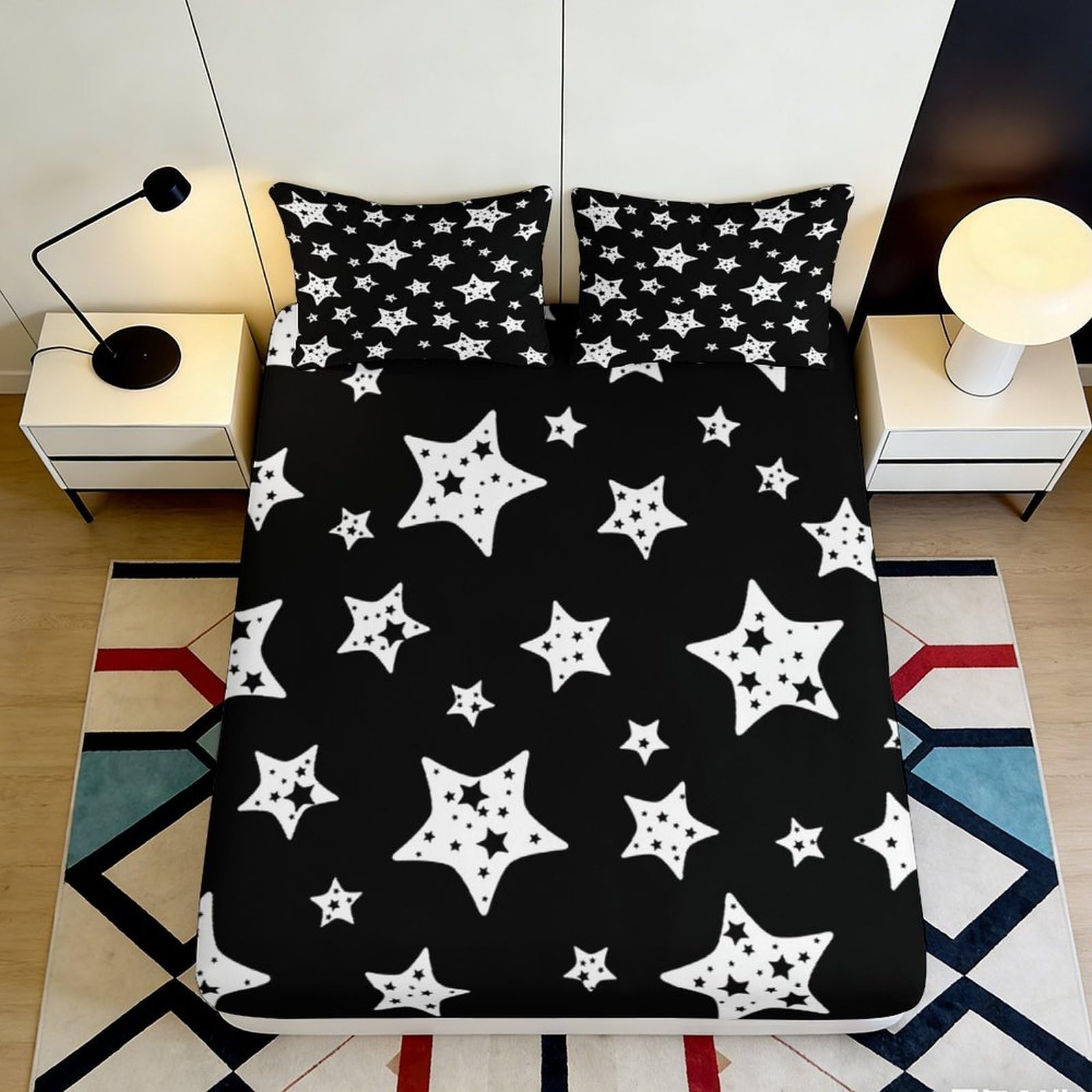 Jqzkxnhpbr Style-7 3D Printed Black Star Pattern Fitted Sheet Microfiber Soft Bedroom Decor Cosmic Nebula Mattress Cover 90X200x25cm
