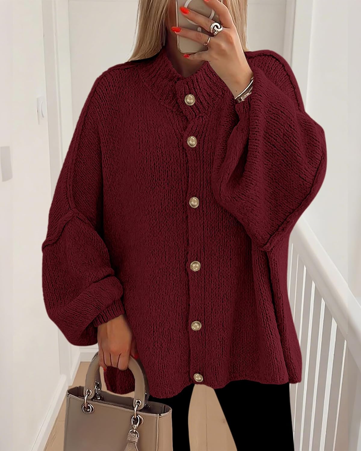BTFBM Cardigan Sweaters for Women 2026 Fall Clothes Lantern Long Sleeve Button Open Front Chunky Knit Oversized Sweater - Image 2