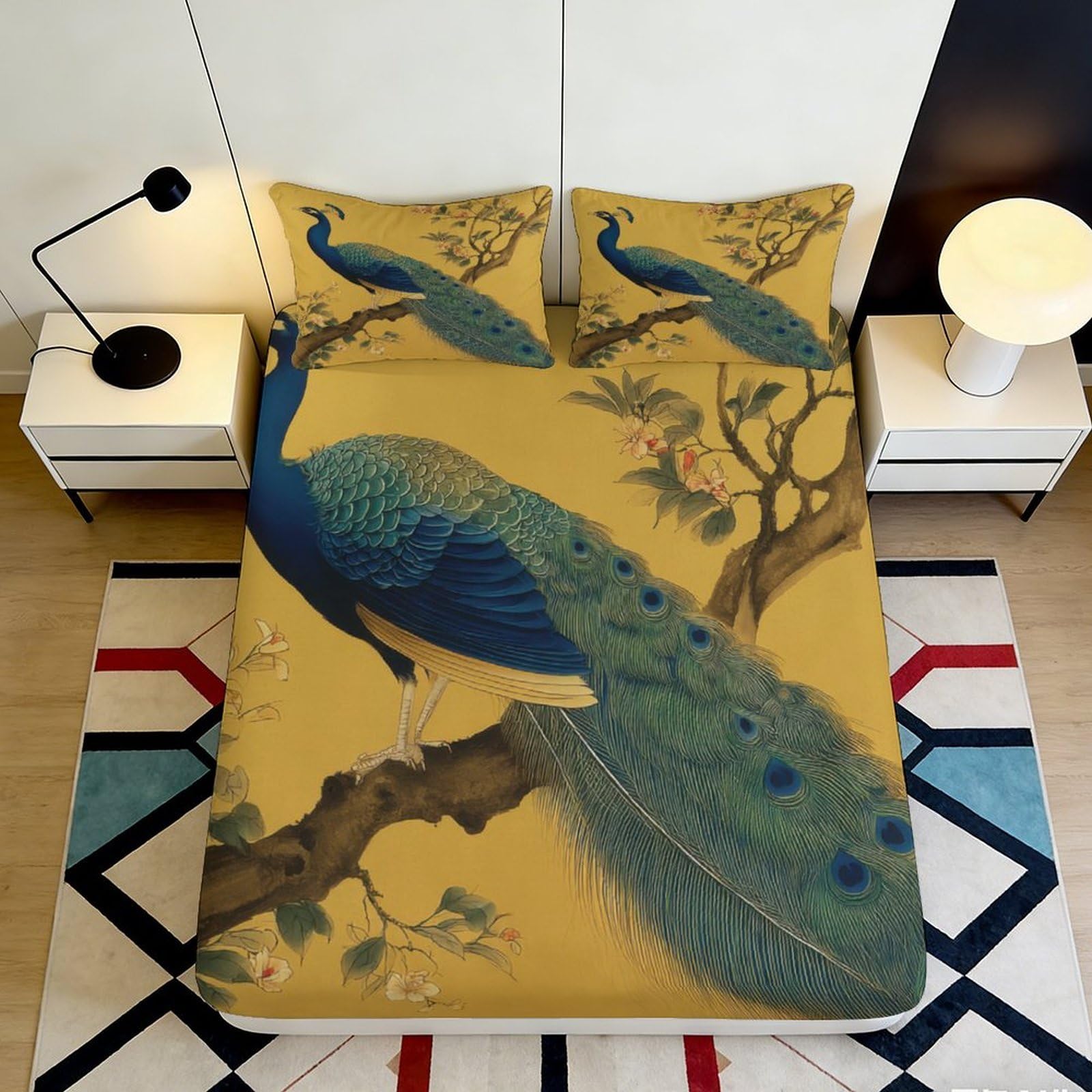 3D Printed Peacock Feather Fitted Sheet Microfiber Soft Breathable Floral Branch Bed Cover for Bedroom Dormitory Guest Room Mattress Protection Decor 180x200x25cm