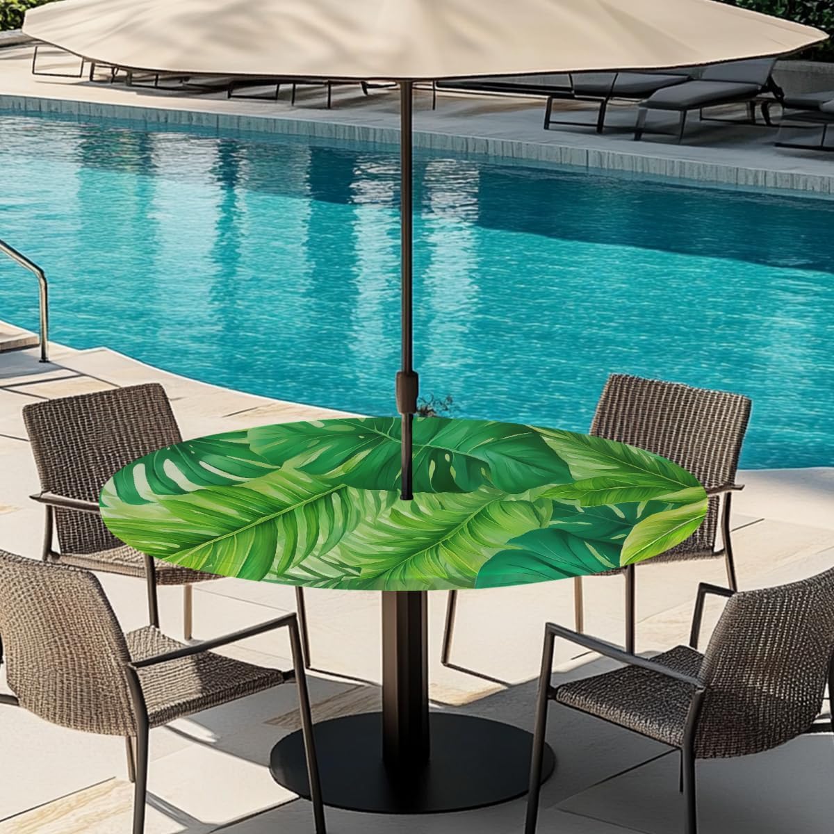 Palm Leaf Green Round Outdoor Table Cloth with Umbrella Hole Palm Leaf Summer Outdoor Round Fitted Tablecloth with Elastic Edge Waterproof Circle Table Cover for Patio Garden Picnic (45-56 in)
