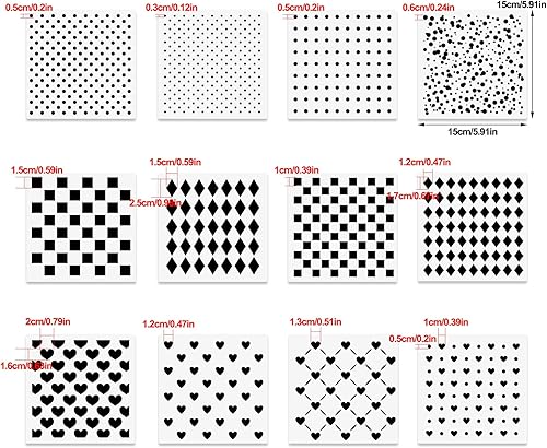Miniatura 2 de 12 plantillas de medios mixtos, plantillas de lunares, plantillas a cuadros, plantillas de corazón, plantillas repetitivas de varios tamaños para