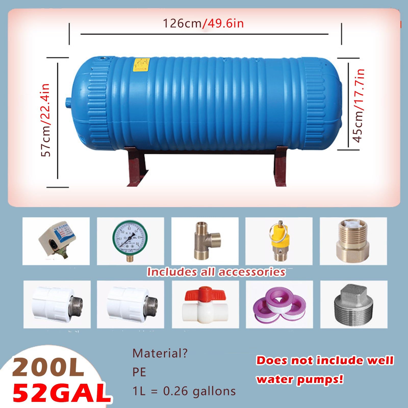 Tanque De PresióN De Pozo Tanques De Presión De Agua Horizontales Para Sistemas De Pozos, Contenedores De Almacenamiento De Agua A Presión De 200L Y 300L(200L/52gal)