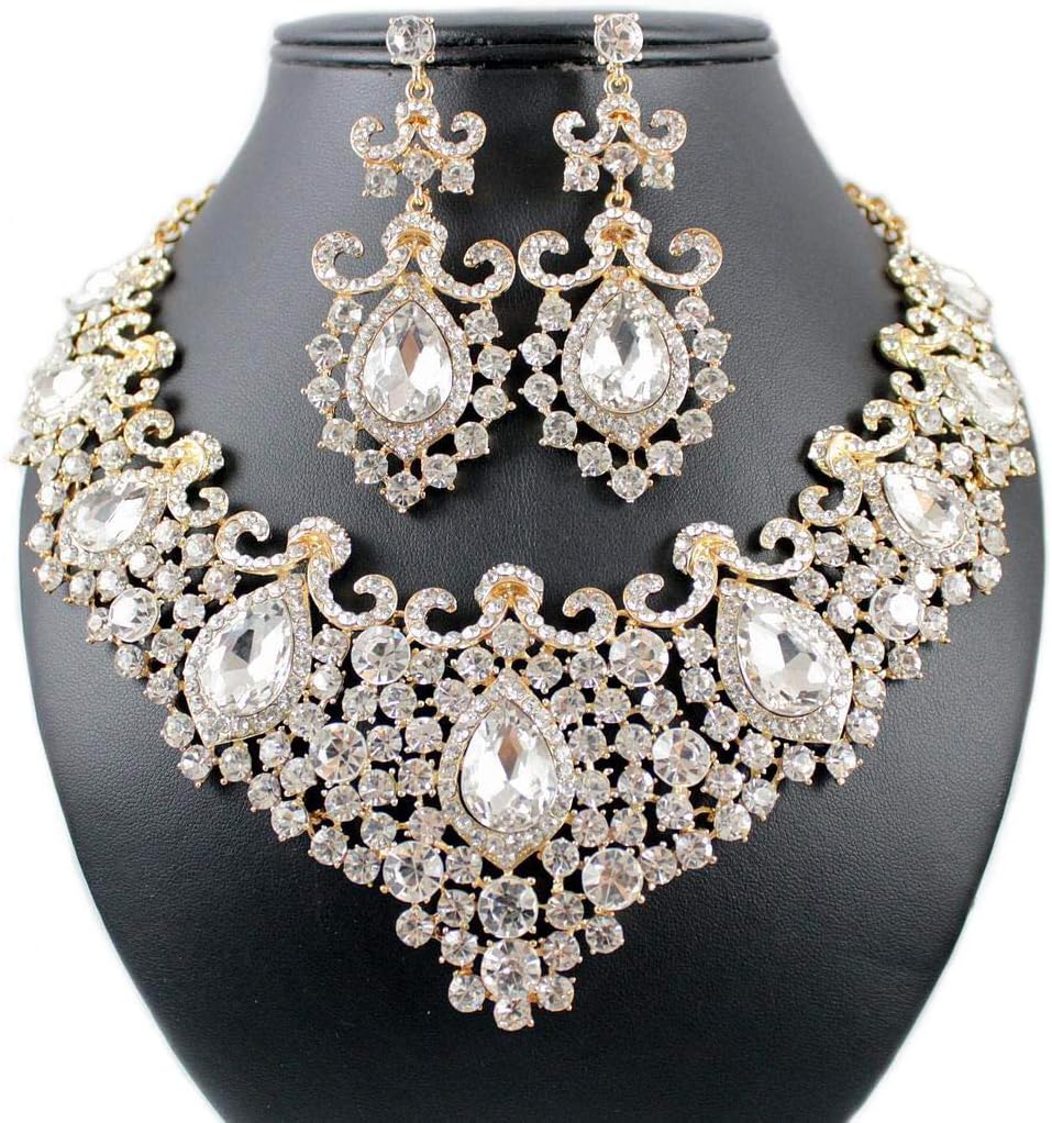 STUNNING CLEAR AUSTRIAN RHINESTONE CRYSTAL NECKLACE EARRINGS SET N12187G GOLD