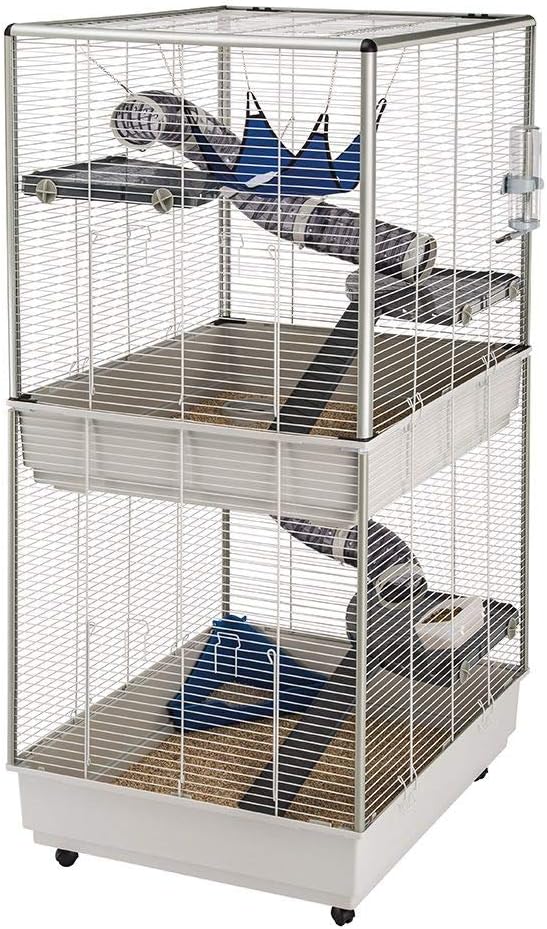 Ferplast Ferret cage FURET TOWER, vertical two floors structure, wheels and accessories are included. Varnished grey metal and plastic, 75 x 80 x h 161 cm
