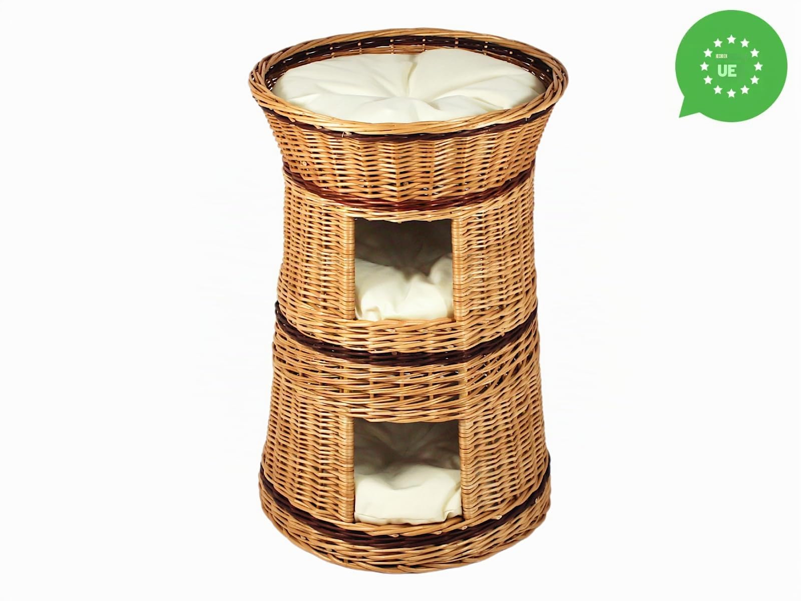 Cesta de mimbre de tres niveles para gatos y perros, color mimbre natural, con cojín, color beige