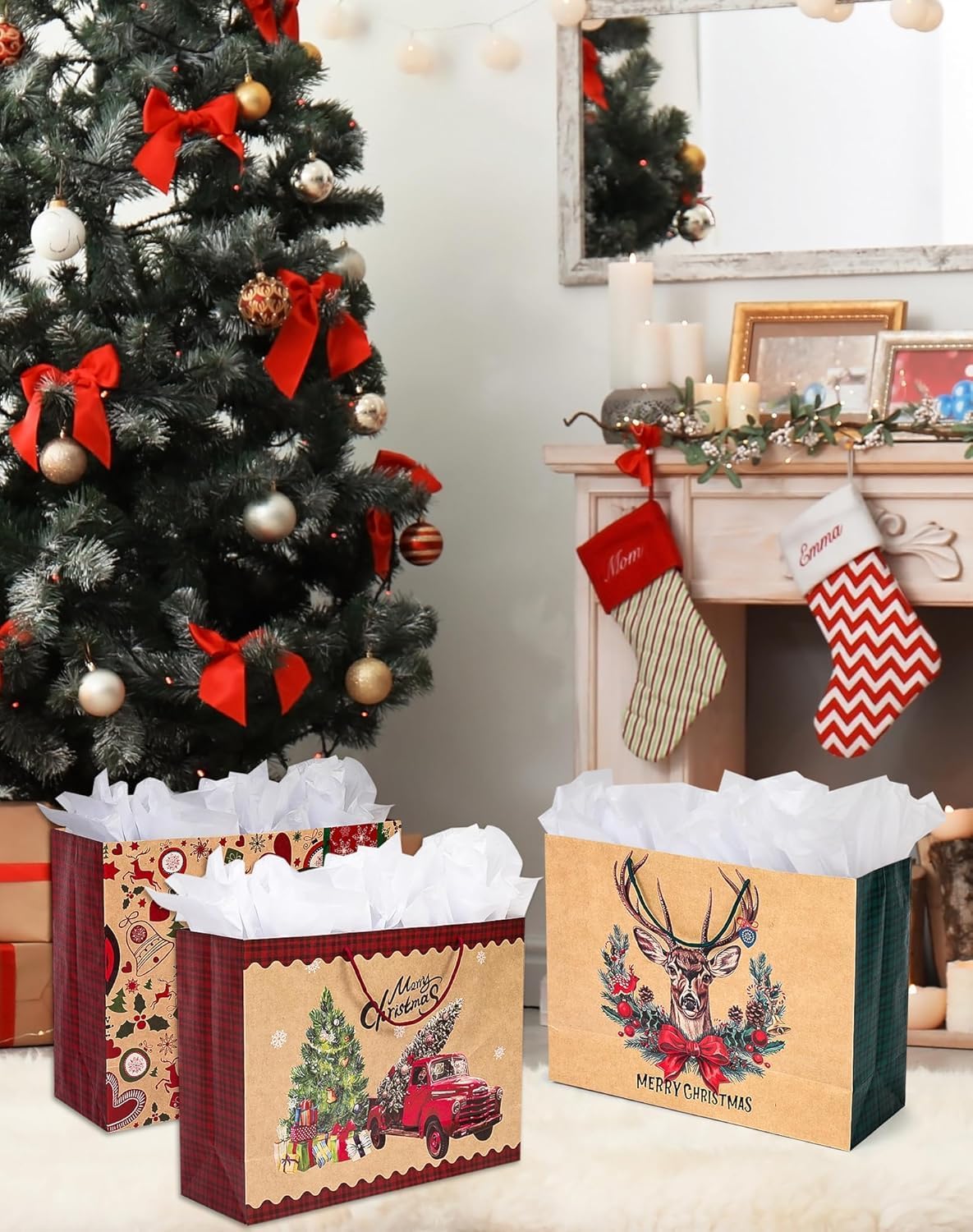 Landteek Fine 16 Extra large Christmas Gift Paper Bags Bulk with handles -4 Designs Jumbo oversized sacks set for Wrapping Gaint Xmas Holiday Presents (large-16pack)