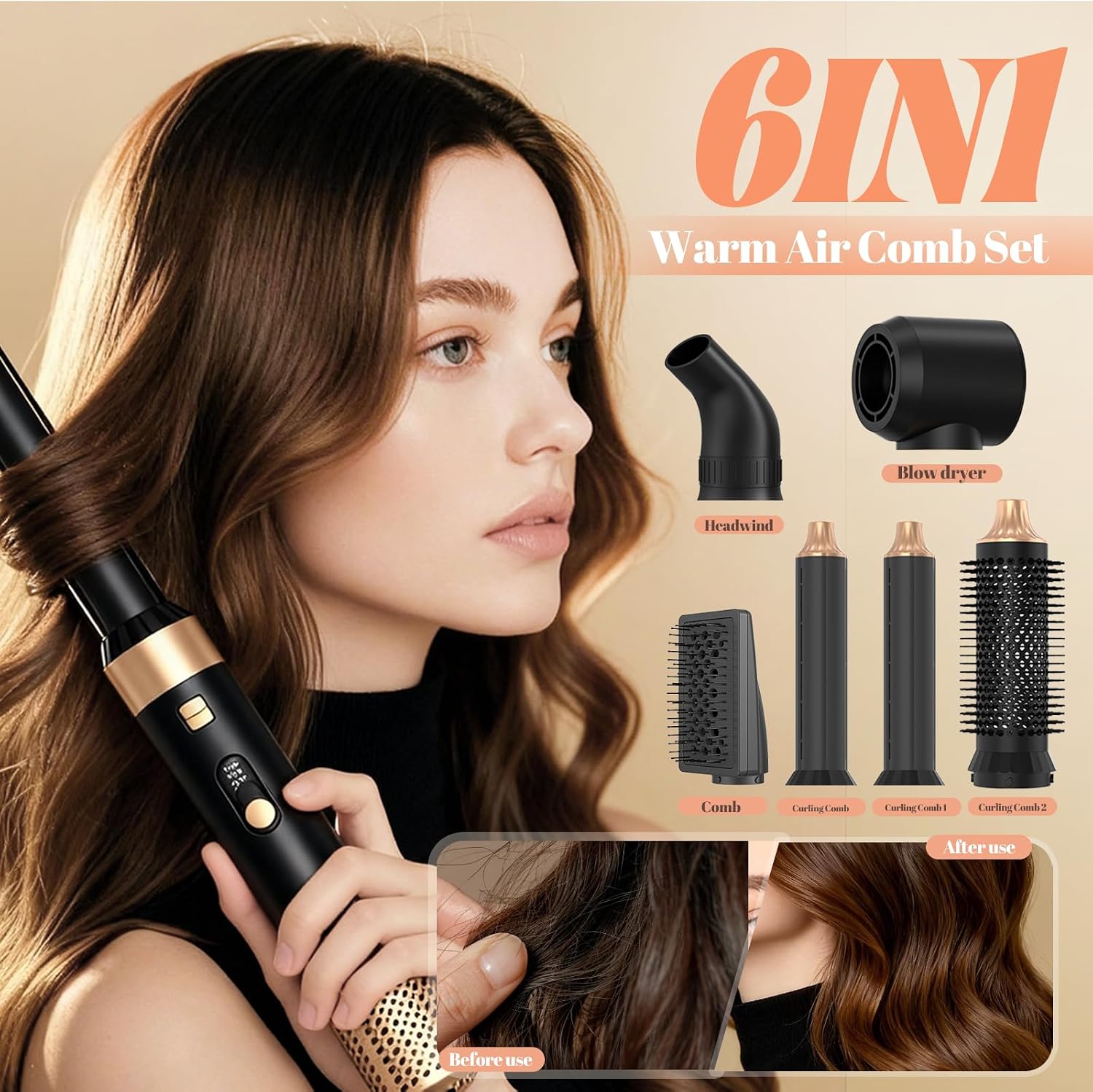 6 in 1 Blow Dryer Brush, Negative Ionic Hot Air Styler Brush Kit for Curls, Volumizing, Straightening, Smoothing, Lightweight Blow Dryer Brush Set with Diffuser for Women & Travel