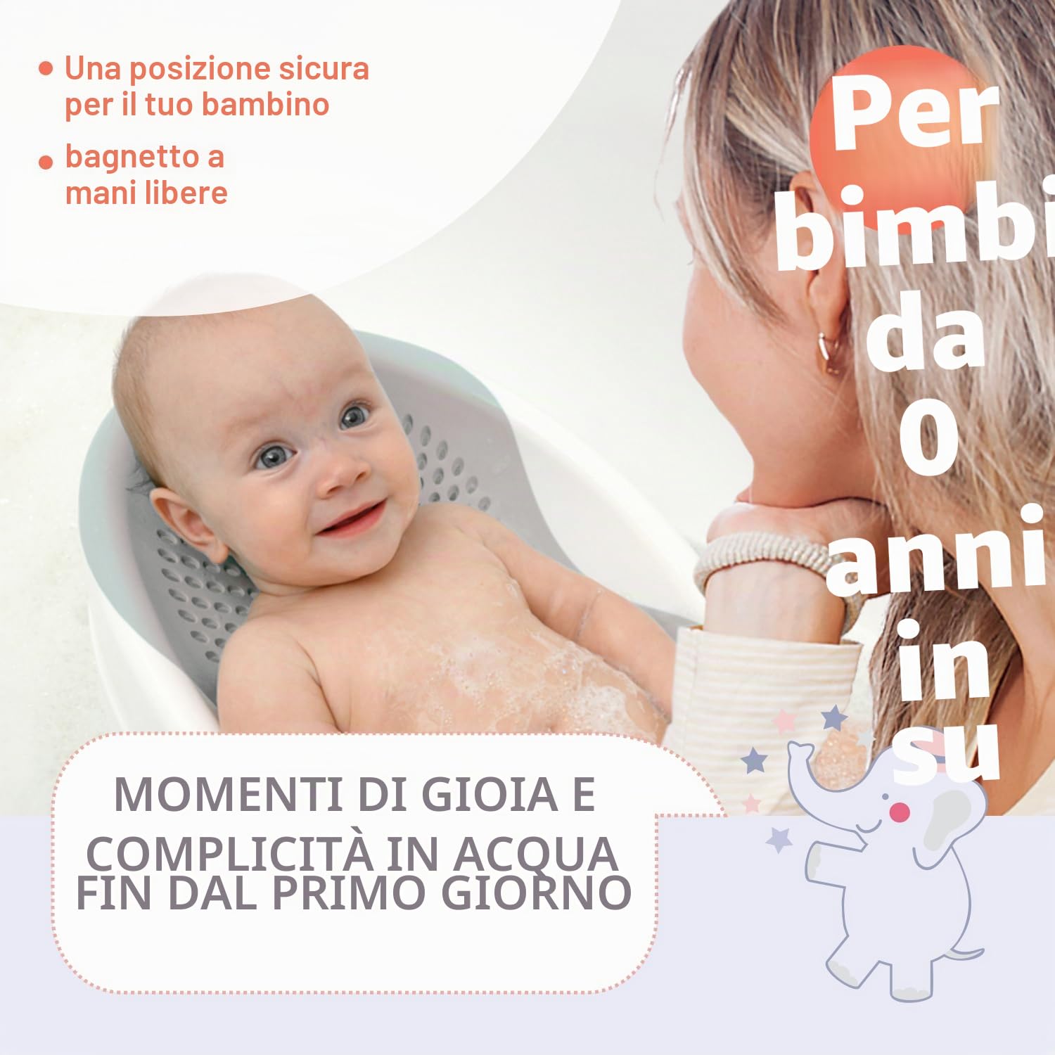 BABYLON DOLPHIN Supporto Vaschetta Bagnetto Neonato – Ergonomica con Sedile Antiscivolo da 0 a 6 Mesi, Ipoallergenica e Resistente alla Muffa – Riduttore Sdraietta Bagnetto Neonato – Grigio chiaro