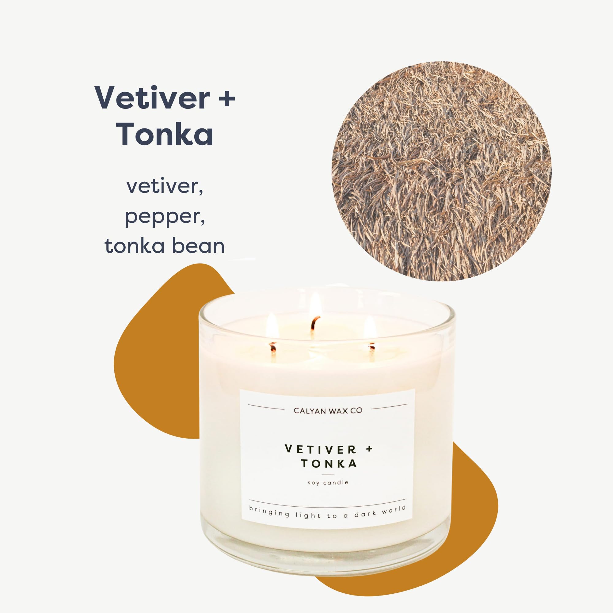 Calyan Wax Co. Kerze mit 3 Dochten, Vetiver + Tonka-Duftkerze, 43 Stunden Brenndauer, 3 Docht-Soja-Kerzen, ungiftiges und veganes Sojawachs, Duftkerzen im Glas, 422 g