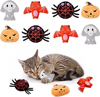 Vehomy 8PCS Halloween Cat Catnip Toys Plush Cat Teething Toys with Crinkle Paper Cat Halloween Pumpkin Spider Bat Ghost Interactive Toys Catnip Toy for Kitten Cat Kitty