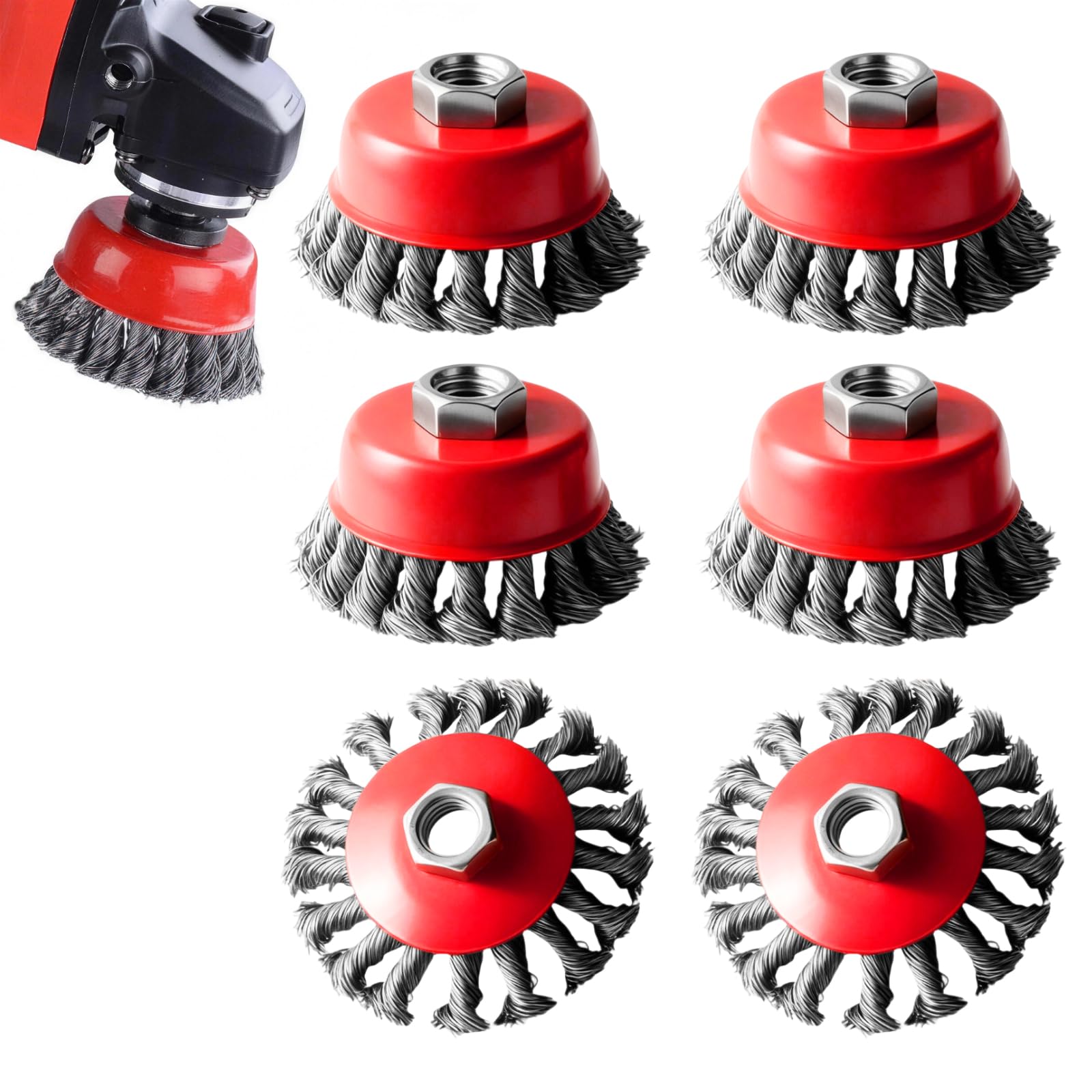 6Pcs Angle Grinder Wire Drill Brush Set, M14 Thread for 115mm Sander Heavy Duty Wire Wheels for Rust Paint Removal, Weld Cleaning Metal Grinding