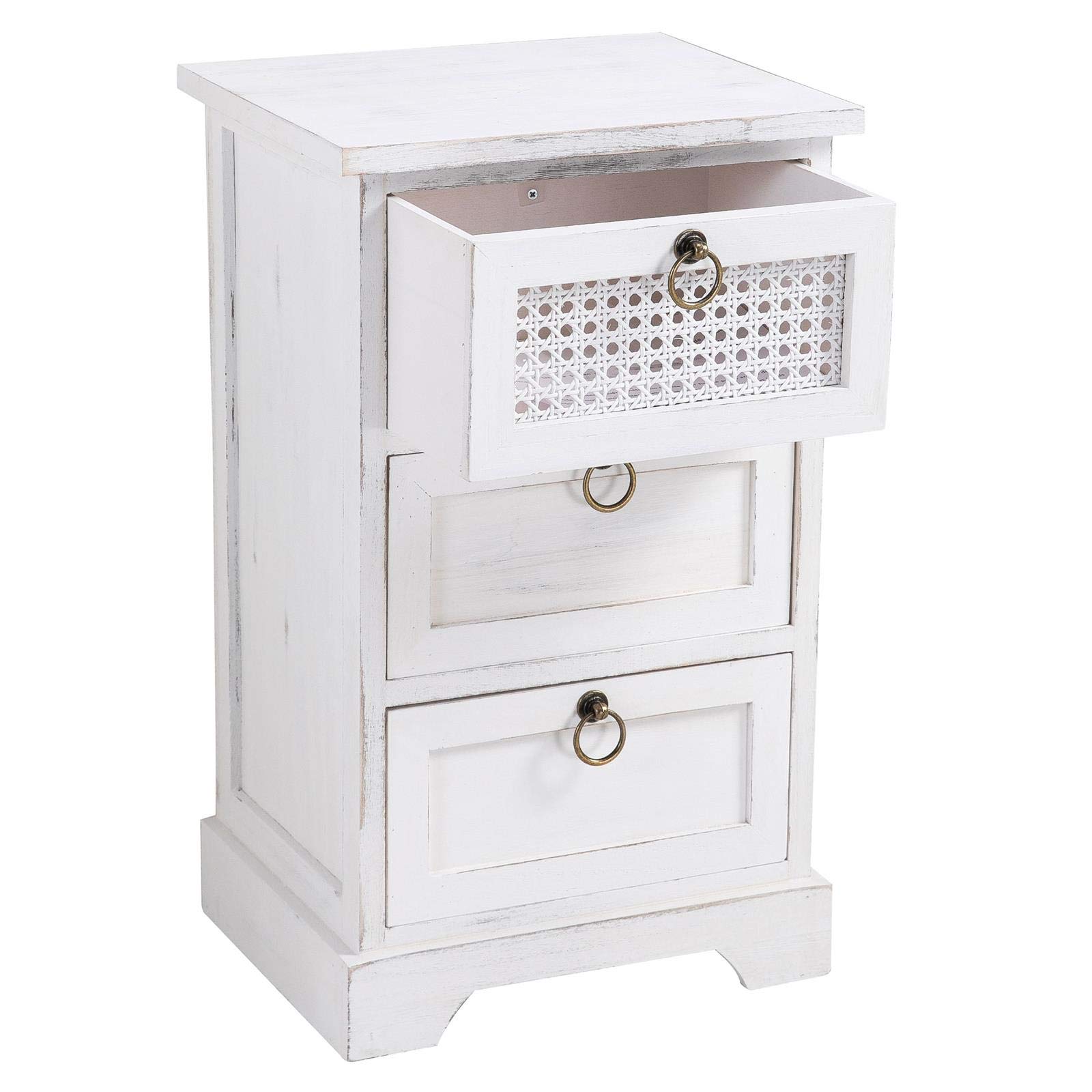 CARO-Möbel Nachttisch IRMA Nachtschrank für Boxspringbett Nachtkonsole mit 3 Schubladen weiß Vintage Design