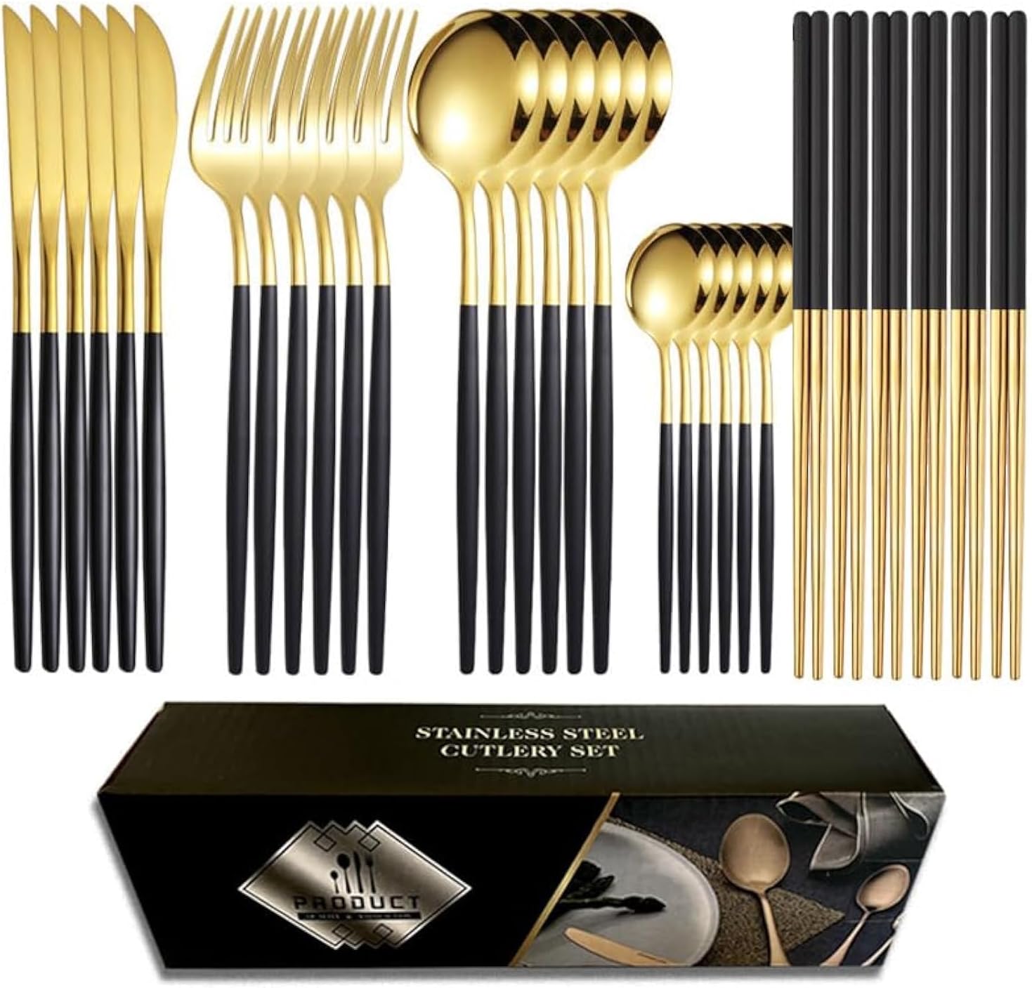 Dining Dinnerware Tableware Kitchen Set, 401 Stainless Steel，Stainless steel cutlery knife,Chopsticks fork and spoon set 30-piece cutlery set 6 people gift box with (Black gold)